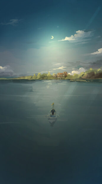 A serene scene from When Marnie Was There showing a boat on calm water under a crescent moon