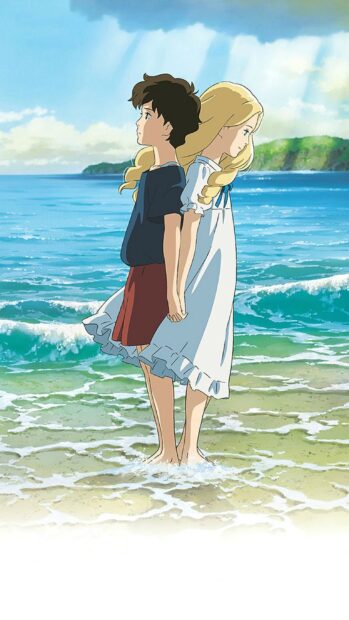 Two characters from When Marnie Was There standing back to back on the beach at the seaside