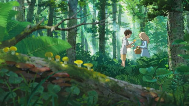 Two characters from When Marnie Was There anime meet in a lush forest scene with vibrant greenery