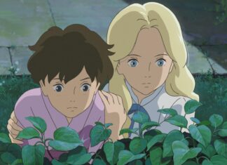 Two characters from When Marnie Was There anime observing plants closely in a serene garden setting
