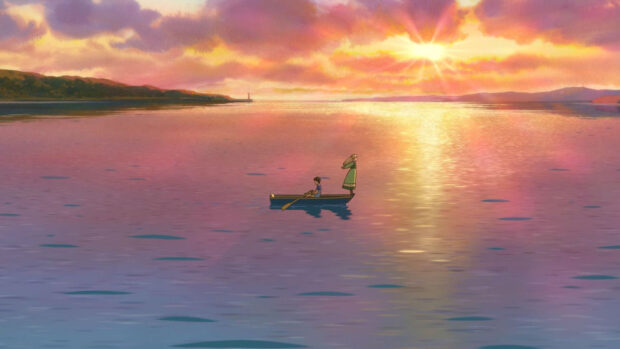 Two characters from When Marnie Was There anime on a boat in a serene lake during sunset