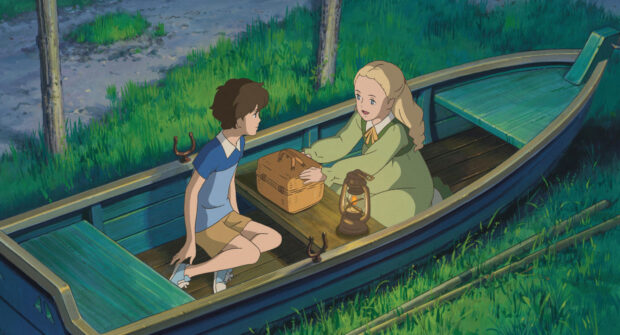 Two characters from When Marnie Was There anime sitting in a boat on the water in a peaceful scene