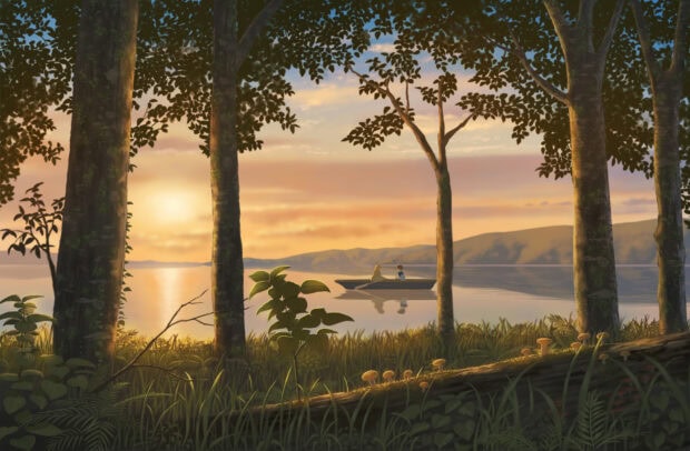 Two characters from When Marnie Was There sitting in a boat on a lake at sunset surrounded by trees and plants