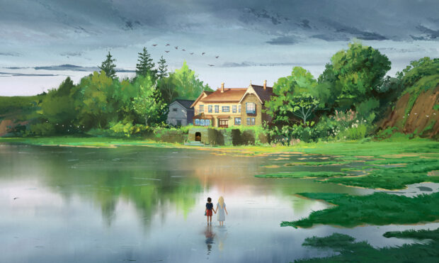 Two girls holding hands walking into a lake near a house and lush green trees in When Marnie Was There anime