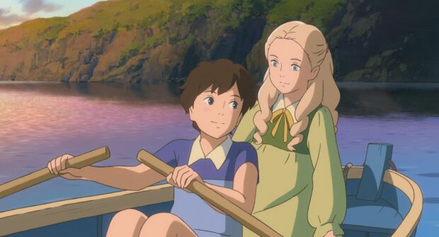 A boy rowing a boat with a girl sitting beside him in a peaceful lake from When Marnie Was There anime