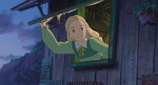 A girl from When Marnie Was There anime lifting a wooden window shutter in a rural house