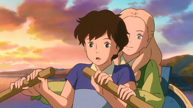 A girl from When Marnie Was There anime rowing a boat with a blonde companion at sunset