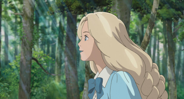 A blonde girl from When Marnie Was There anime in a blue dress looking happily in the forest