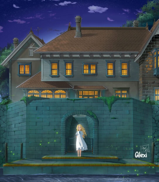 A girl from When Marnie Was There standing by a stone wall in front of a large house at night