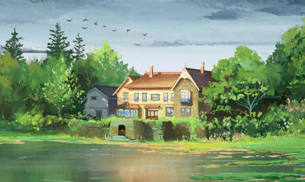 A peaceful house surrounded by lush trees and a calm river in When Marnie Was There anime