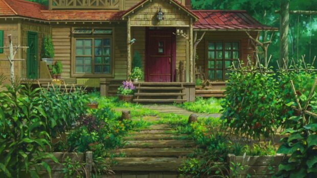 A scenic garden and wooden house from When Marnie Was There anime surrounded by lush greenery and flowers