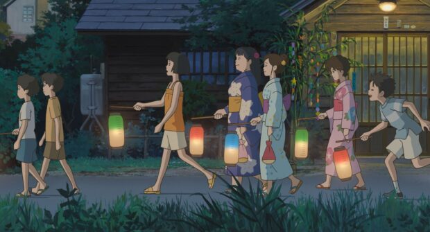 Children from When Marnie Was There anime walking at night with colorful lanterns in hand