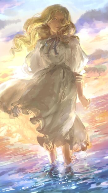 A serene girl from When Marnie Was There standing in shallow water during sunset
