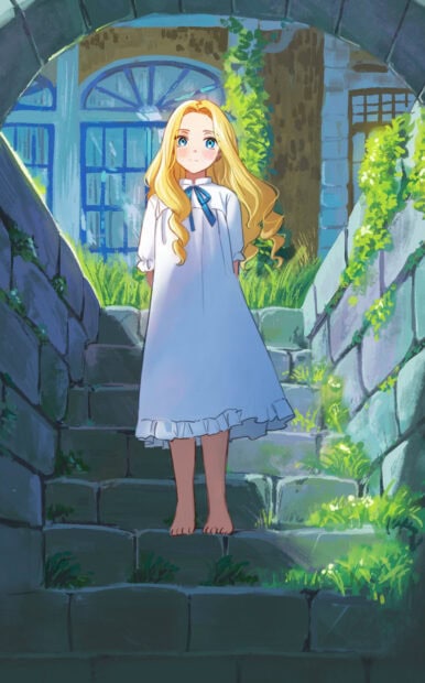 A blonde girl standing barefoot in a white dress in a stairway surrounded by greenery in When Marnie Was There anime