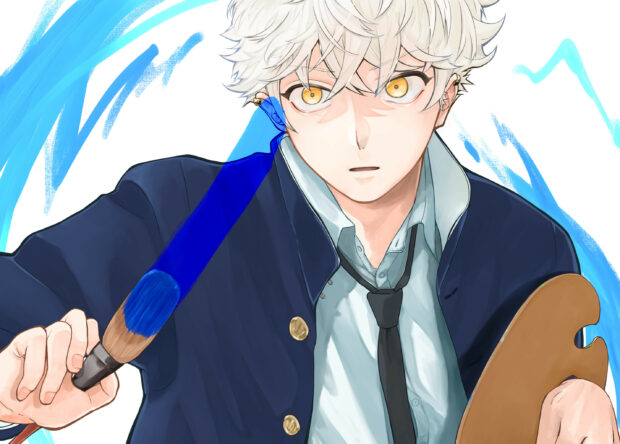 A white haired character is painting with a blue brush and holding a palette in this Blue Period 2K Desktop Wallpaper