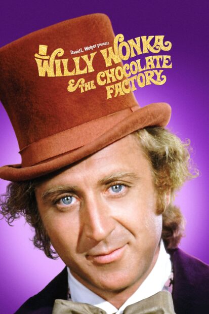 A close up of Willy Wonka character wearing a brown top hat and bow tie