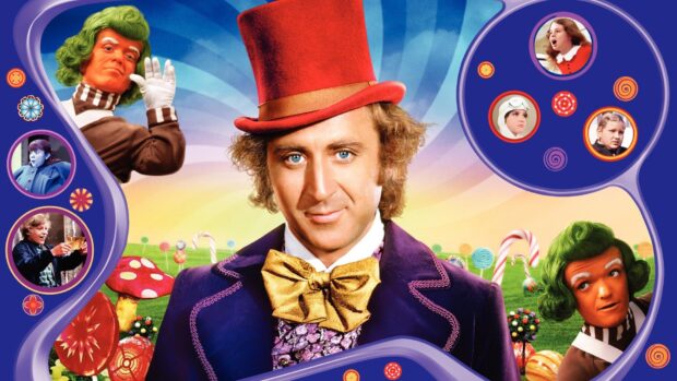 Willy Wonka character with colorful background and candy landscape from the movie