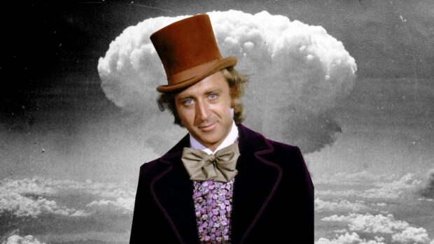Willy Wonka character in a vintage suit and top hat standing in front of a nuclear explosion cloud