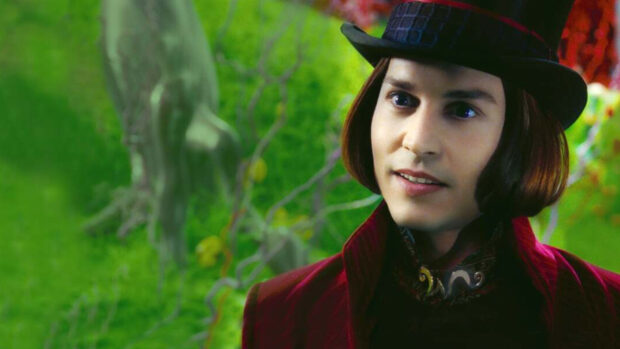 A close up of Willy Wonka character from a fantasy movie in a colorful garden setting
