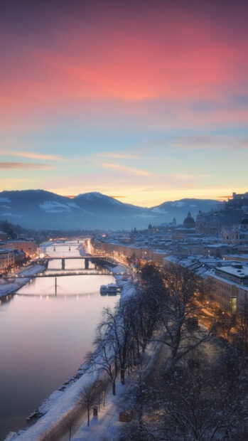 The Austria landscapes show a snowy river with bridges and mountain backdrop, HD Phone Wallpaper
