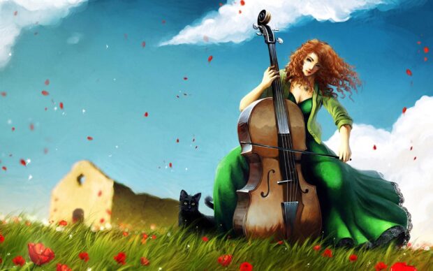 A woman in a green dress plays a double bass outdoors near a black cat and flowers, HD Desktop Wallpaper