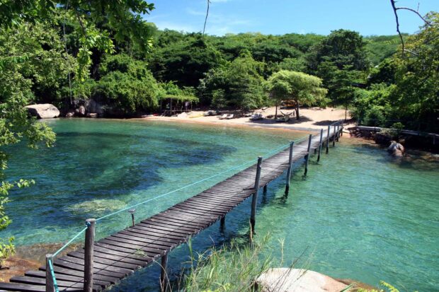 A wooden pier extends over the clear turquoise water with lush greenery and sandy beach in Malawi, HD Desktop Wallpaper