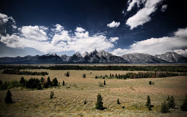 Vast Wyoming landscape with mountain range and scattered trees under a cloudy sky