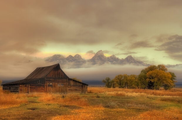 Rustic barn in Wyoming surrounded by autumn grass and trees with mountains in the background