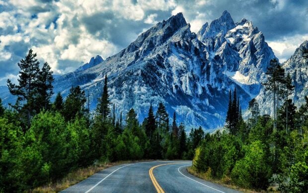 A scenic view of Wyoming mountain peaks and lush green forest along a winding road in Wyoming