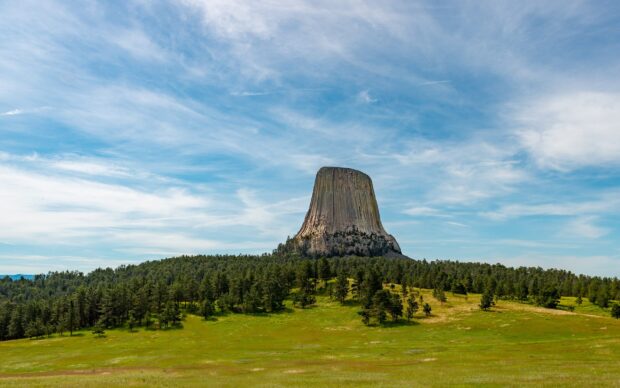 Unique Wyoming rock formation surrounded by green forest and grass under blue sky