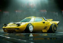 A yellow Lancia car is parked in a foggy high tech garage setting, HD Desktop Wallpaper