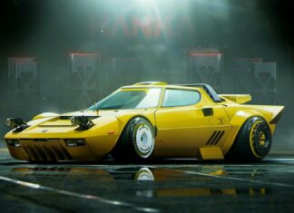 A yellow Lancia car is parked in a foggy high tech garage setting, HD Desktop Wallpaper