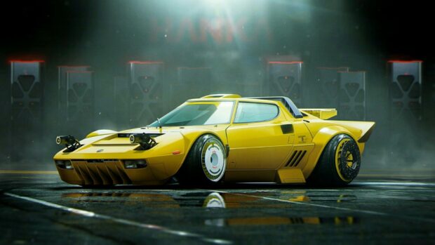 A yellow Lancia car is parked in a foggy high tech garage setting, HD Desktop Wallpaper