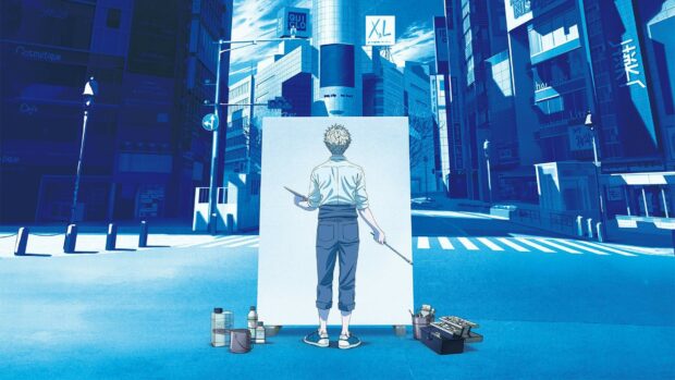 A young artist stands before a blank canvas in a vivid blue urban setting with painting supplies around him, HD Desktop Wallpaper