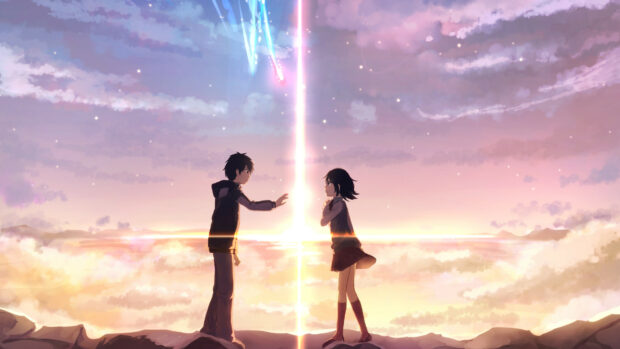 Two characters reaching out across glowing divide in Your Name Wallpapers, 4K Desktop Wallpaper