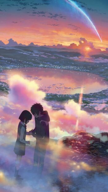 A couple sharing a tender moment in a colorful sunset sky for Your Name Wallpapers, 2K Phone Wallpaper