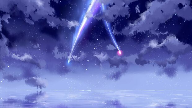 A sky filled with stars and two bright lights streak across in Your Name Wallpapers, 4K Desktop Wallpaper
