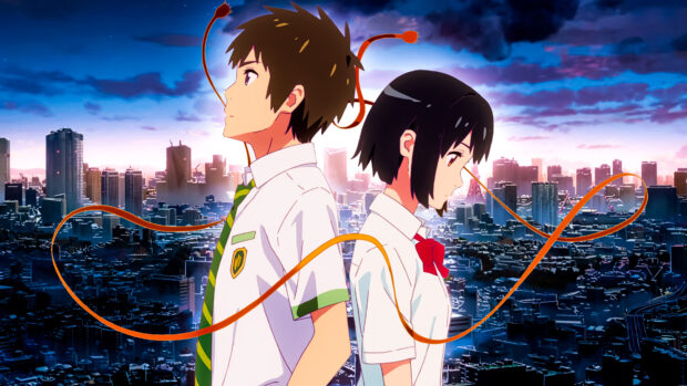 Two main characters from Your Name stand back to back with the city skyline at sunset, 4K Desktop Wallpaper