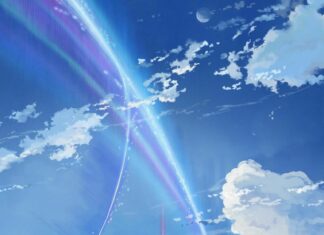 Two students stand beneath a glowing sky in the Your Name wallpapers, 2K Phone Wallpaper
