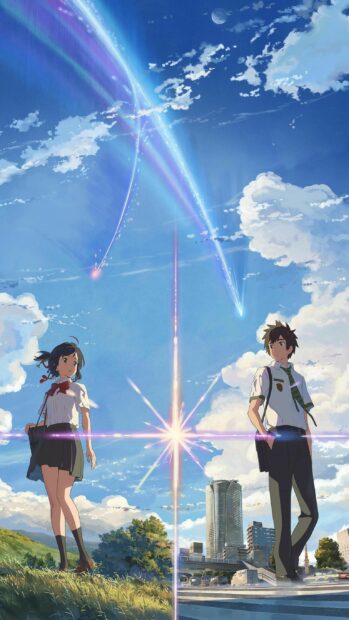 Two students stand beneath a glowing sky in the Your Name wallpapers, 2K Phone Wallpaper