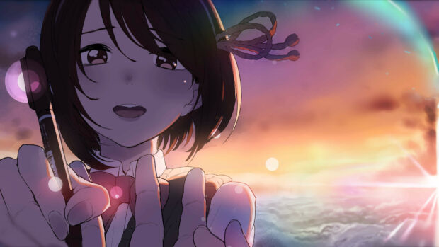 A young girl from Your Name smiles gently with a sunset sky in the background, 4K Desktop Wallpaper