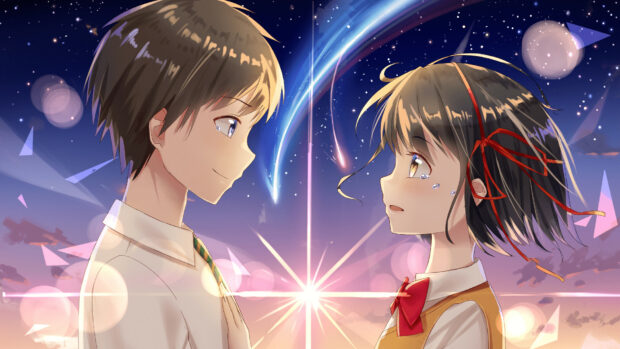 Two characters from Your Name share a heartfelt moment under a sparkling sky, HD Desktop Wallpaper
