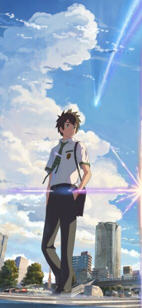 A character from Your Name is standing in a city with a bright sky and clouds above, HD Phone Wallpaper