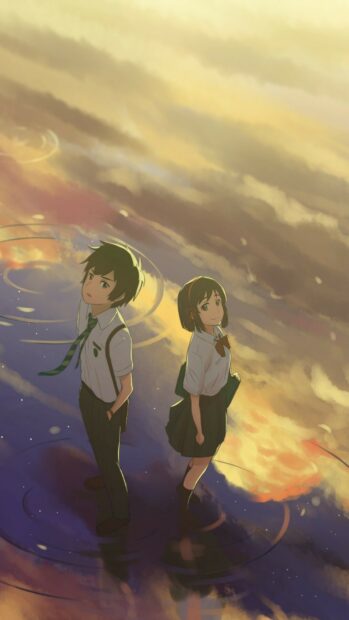 Two characters from Your Name stand under a glowing, colorful sky, HD Phone Wallpaper