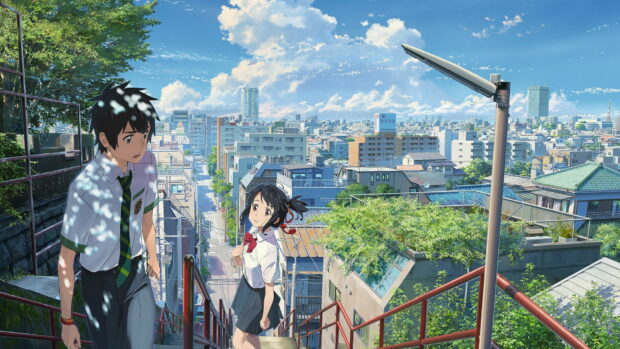 Two characters from Your Name stand on stairs overlooking the city, HD Desktop Wallpaper