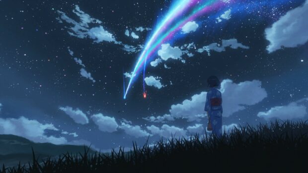 A person watches a luminous sky with colorful streaks in Your Name Wallpapers, 4K Desktop Wallpaper