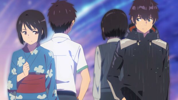 The main characters from Your Name stand together with a colorful sky background, 4K Desktop Wallpaper