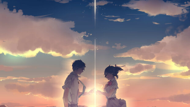 A boy and girl reach out towards each other under a vibrant sunset sky in Your Name wallpapers, 4K Desktop Wallpaper