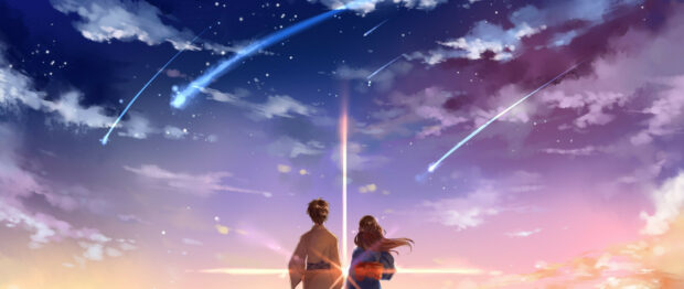 A scene from Your Name shows two characters watching falling stars at twilight, 2K Desktop Wallpaper