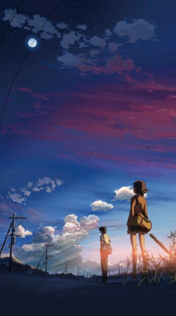 Two characters stand under a colorful sunset sky in Your Name wallpapers, 2K Mobile Wallpaper
